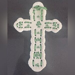 Decorative Ceramic Cross with Green Shamrock Accents